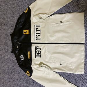 Ferrari Black and White Leather Racing Bomber Jacket